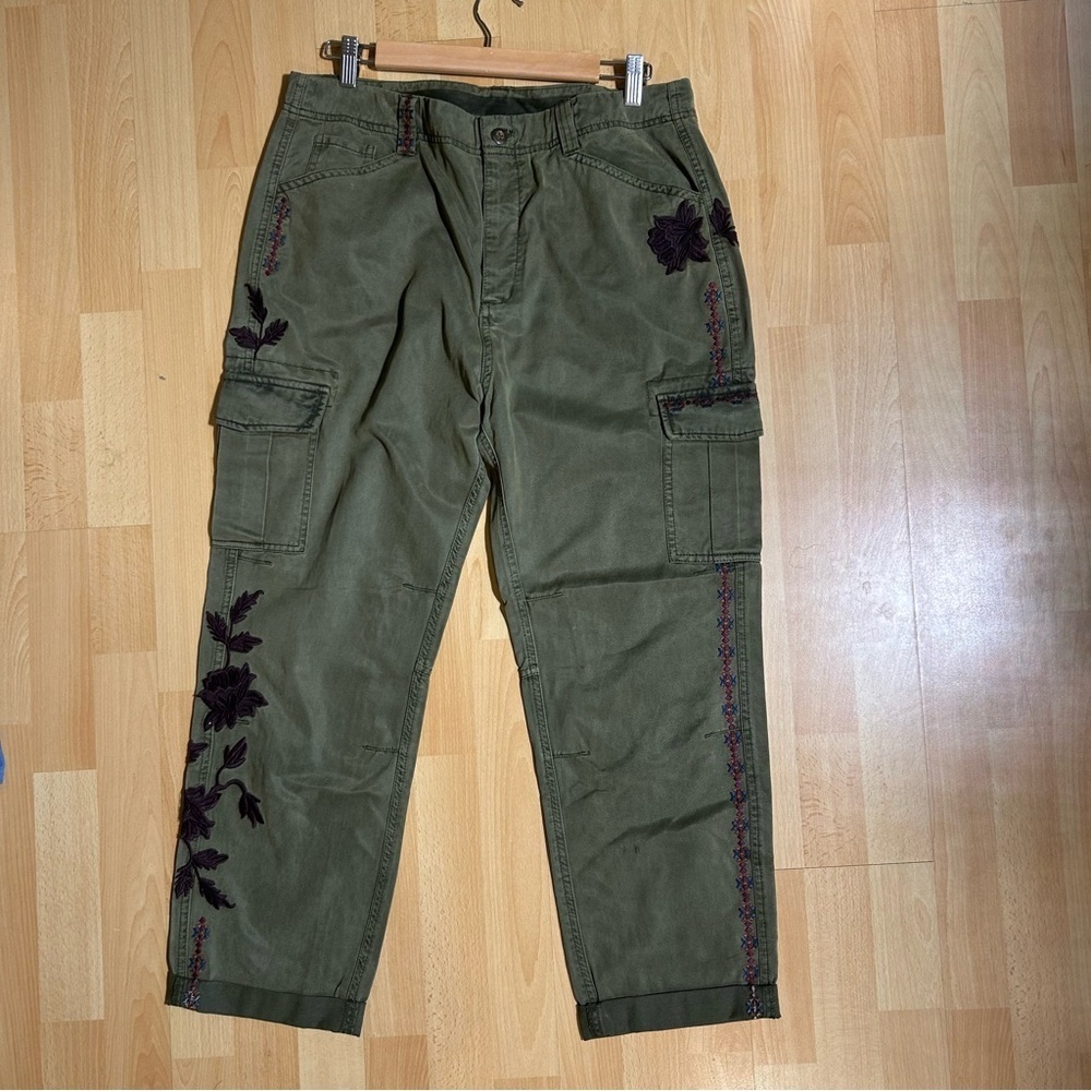 Sundance Olive Green Embroidered Cargo Pants Size 14 Boho Earthy - Picture 10 of 16